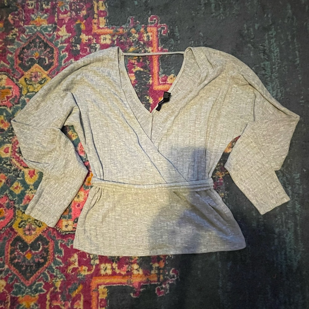 Forever 21 Gray Ribbed Wrap Sweater Top and Tie Back/Front